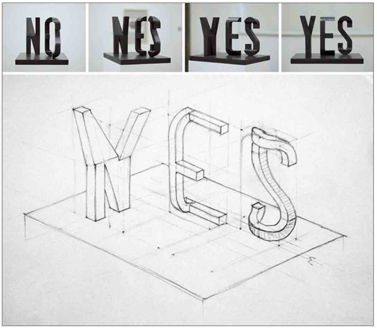 A sculpture that reads NO from one angle and YES from another