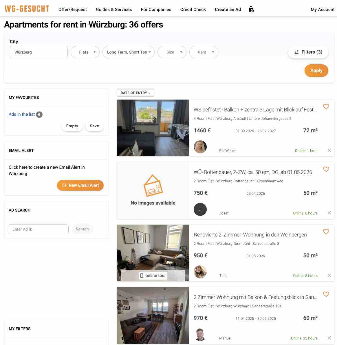 WG-Gesucht apartment listings in Würzburg